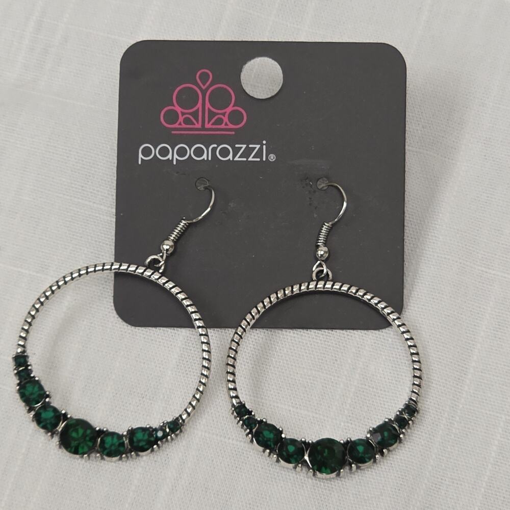 Paparazzi Silver Tone Open Hoop Earrings Emerald Green Rhinestone Circle Dangle